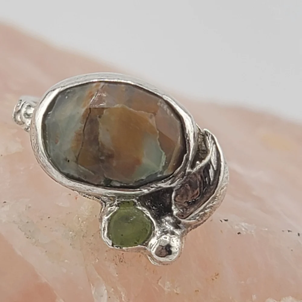 PERUVIAN OPAL & CRYSTAL LEAF RING HANDMADE IN STERLING SILVER METAL 5